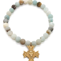 Amazonite Stone Stretch Bracelet with French Gold Religious Cross Heart Charm -French Medals Collection- B6-009