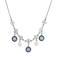1928 Jewelry Crystal Channel Faux Pearl Drops Necklace 16": Gold Tone And Blue