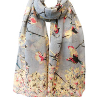 Wrapables Lightweight Vintage Floral Bird Print Long Scarf: Gray