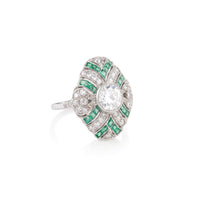 Platinum Handmade Emerald and Diamond Deco Ring