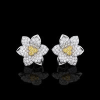 Yellow and White Diamond Flower Stud Earrings