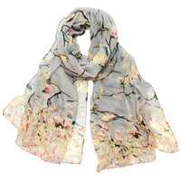 Wrapables Lightweight Vintage Floral Bird Print Long Scarf: Gray