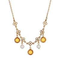 1928 Jewelry Crystal Channel Faux Pearl Drops Necklace 16": Gold Tone And Blue