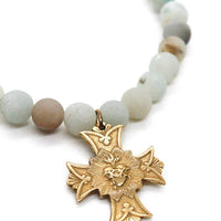 Amazonite Stone Stretch Bracelet with French Gold Religious Cross Heart Charm -French Medals Collection- B6-009