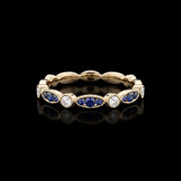 Vintage Style Diamond and Sapphire Band with Filagree 0.10 Ct Diamond 0.16 Ct Sapphire YG