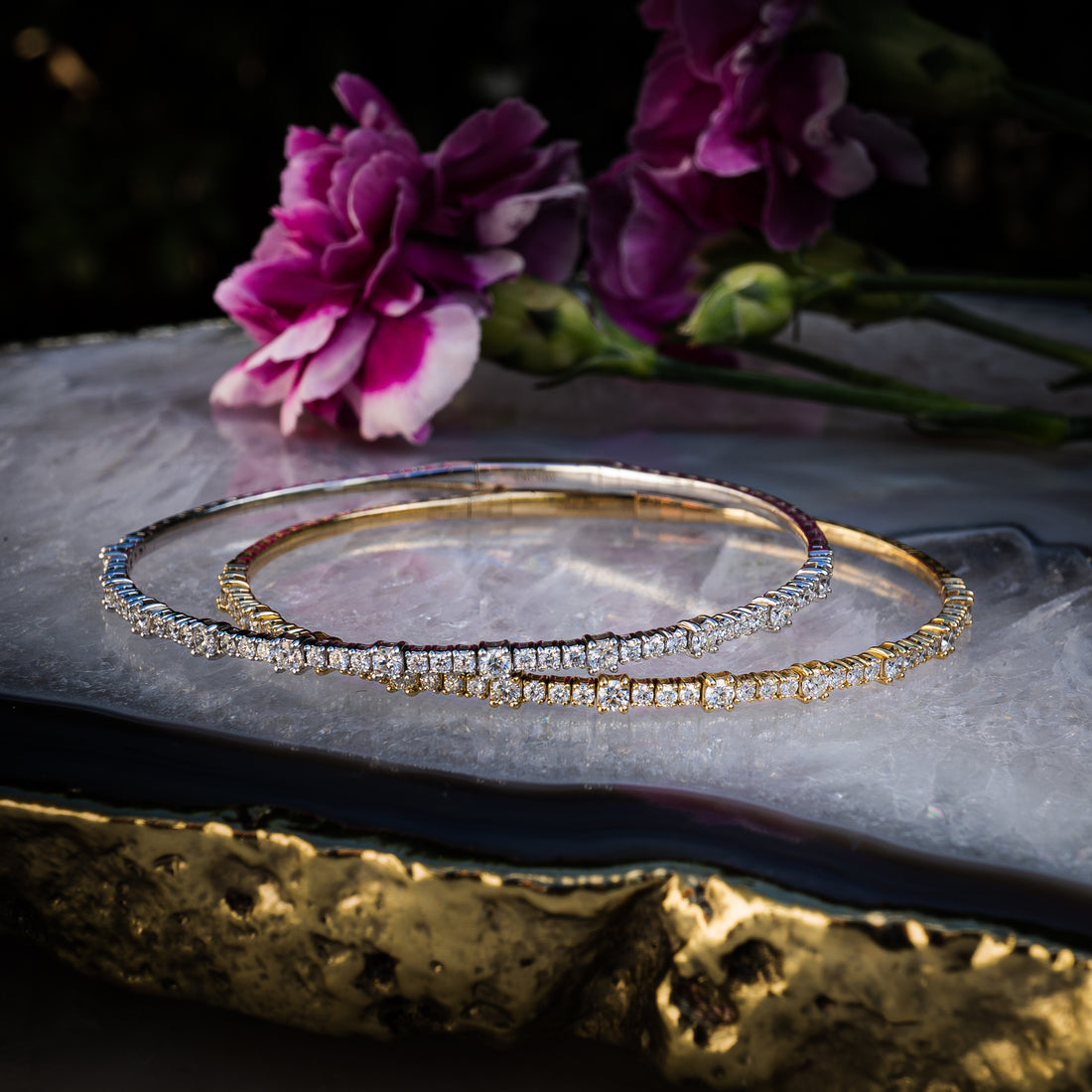 Anthea Le Jardin Staggered Diamond Flex Bangle White and Yellow Gold