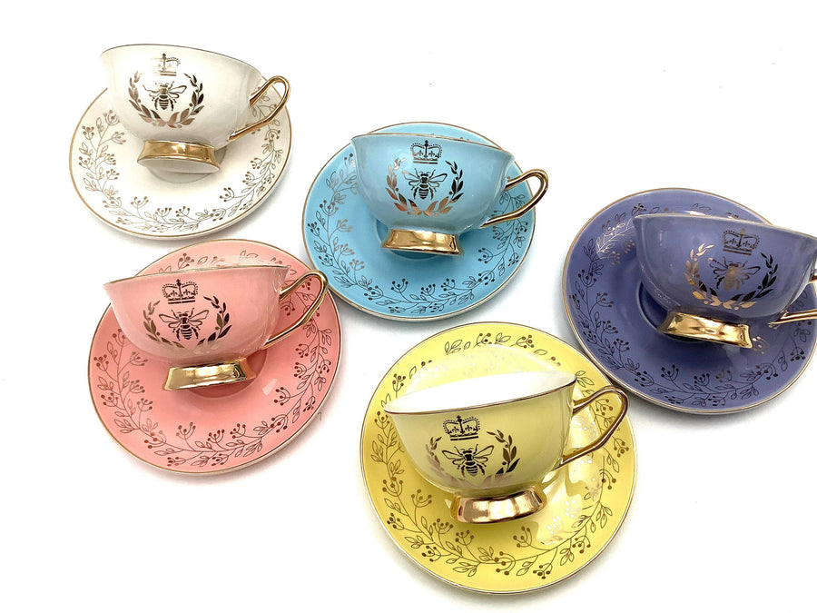 Bridgerton Golden Bee Aqua Blue with Gold Teacup and Saucer