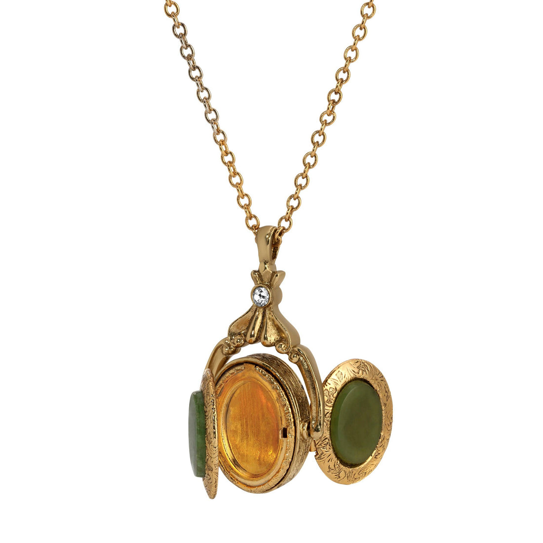 1928 Jewelry Oval Jade Gemstone Locket Necklace 28": Gold Tone And Jade