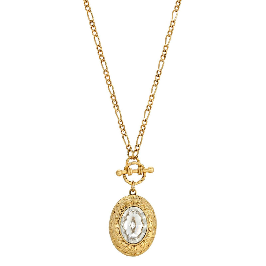 1928 Jewelry Oval Crystal Filigree Double Locket Necklace 30