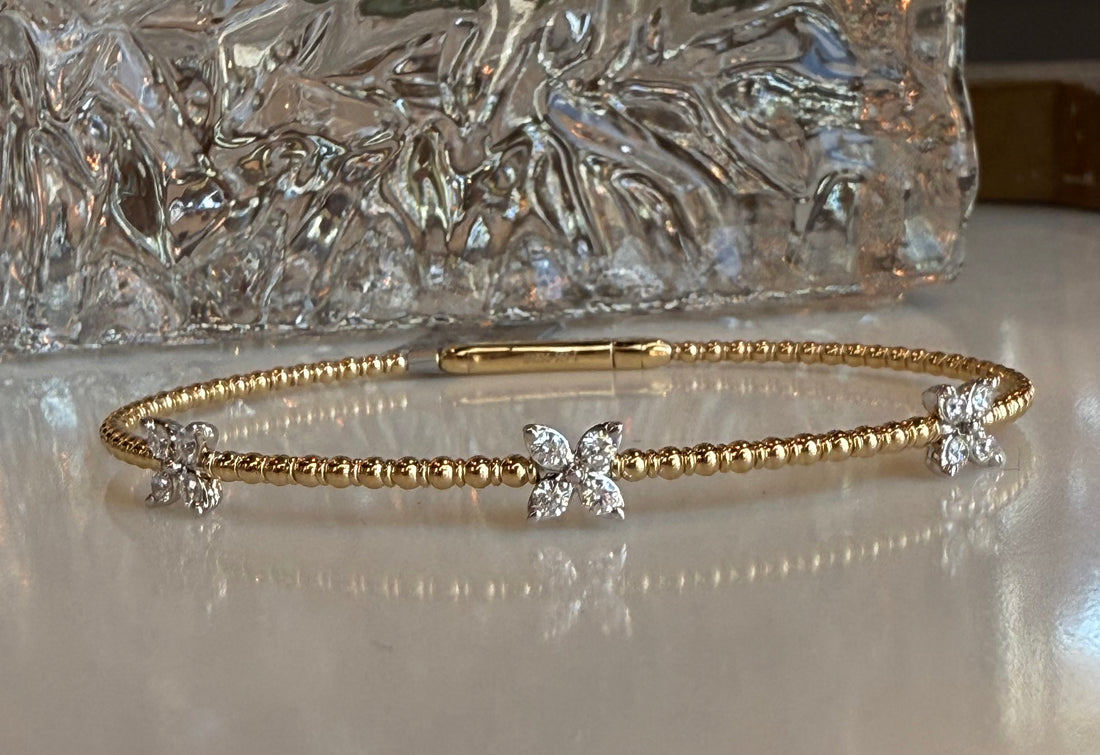 Stunning 14K Two tone Beaded Flex Bracelet with 3 Diamond Flower Stations, 0.35CT