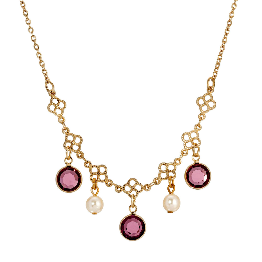 1928 Jewelry Crystal Channel Faux Pearl Drops Necklace 16": Gold Tone And Blue