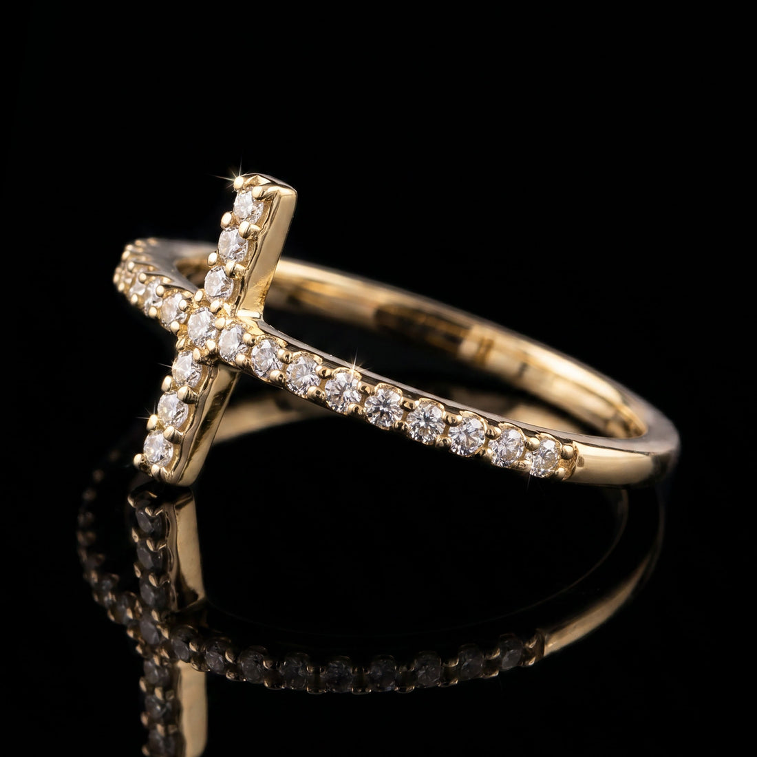 14K YG Sideways Cross Diamond Ring, 0.20CT