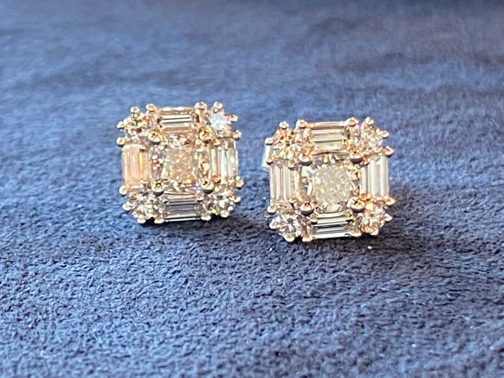 18K WG Cushion Cut Diamond Stud Earrings with Round and Baguette Diamonds, 1.49TCW