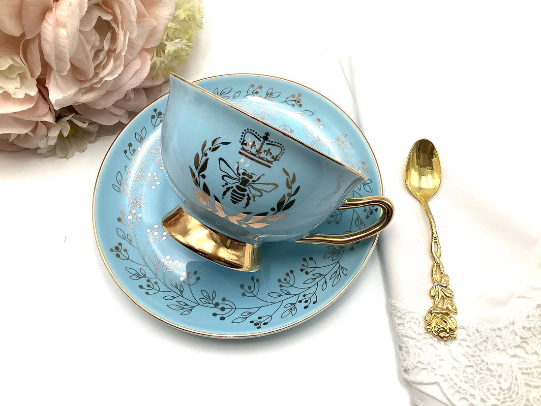 Bridgerton Golden Bee Aqua Blue with Gold Teacup and Saucer