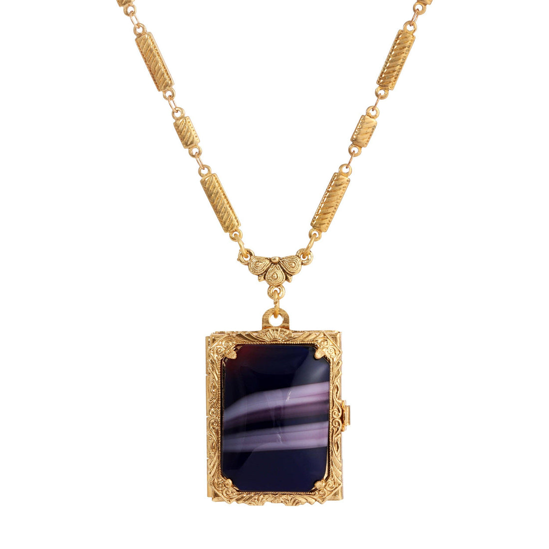 1928 Jewelry Ol' Family Album Stone Locket Necklace 28": Gold Tone and Black