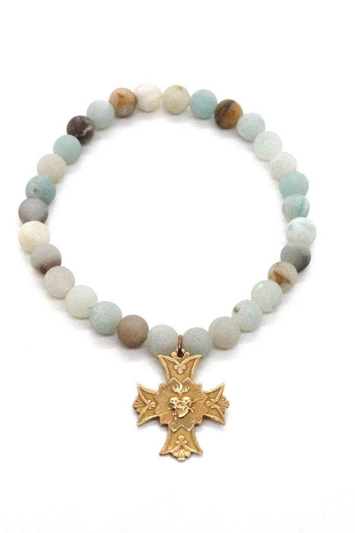 Amazonite Stone Stretch Bracelet with French Gold Religious Cross Heart Charm -French Medals Collection- B6-009