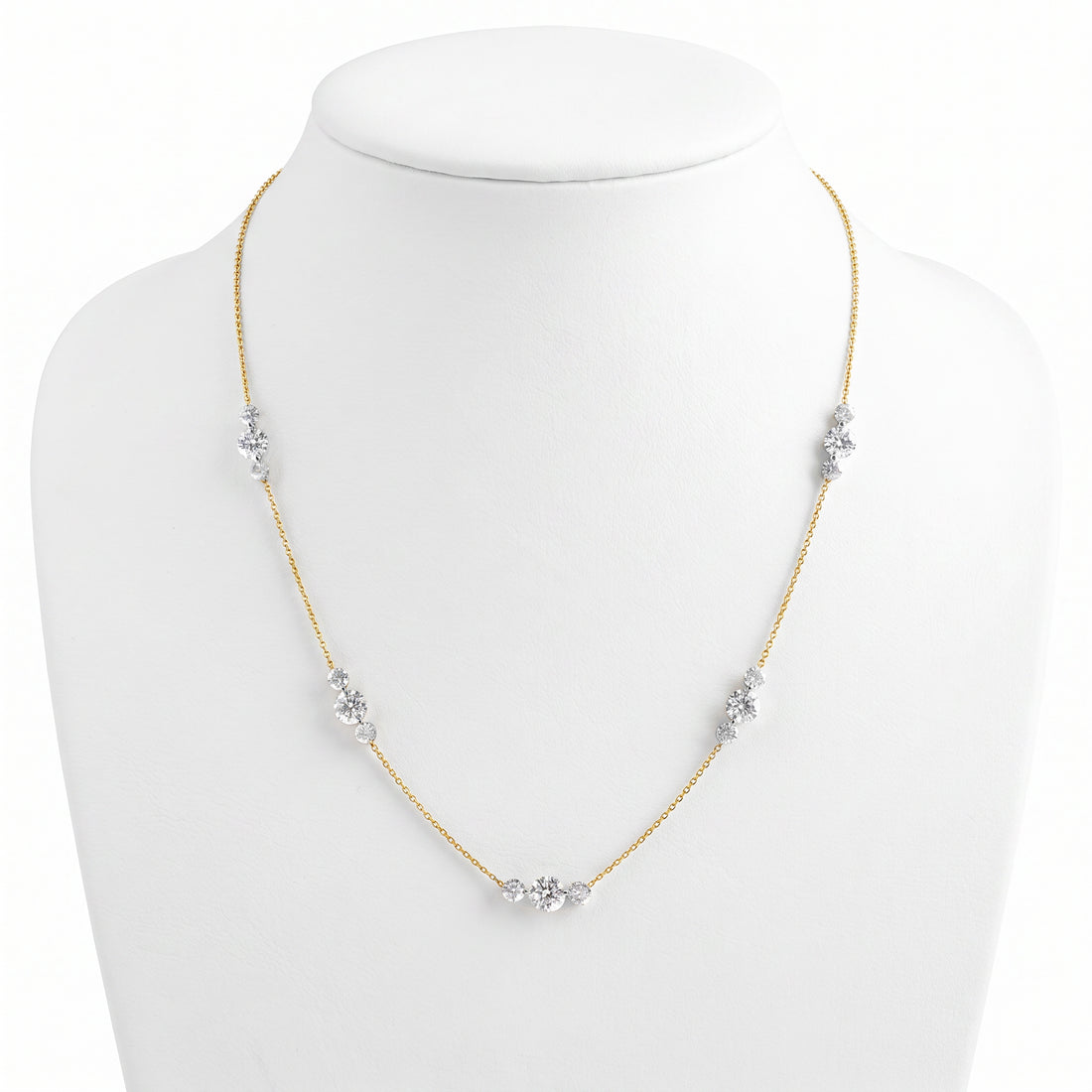 3 Stone Station Laser Drilled Diamond Necklace | Yellow Gold