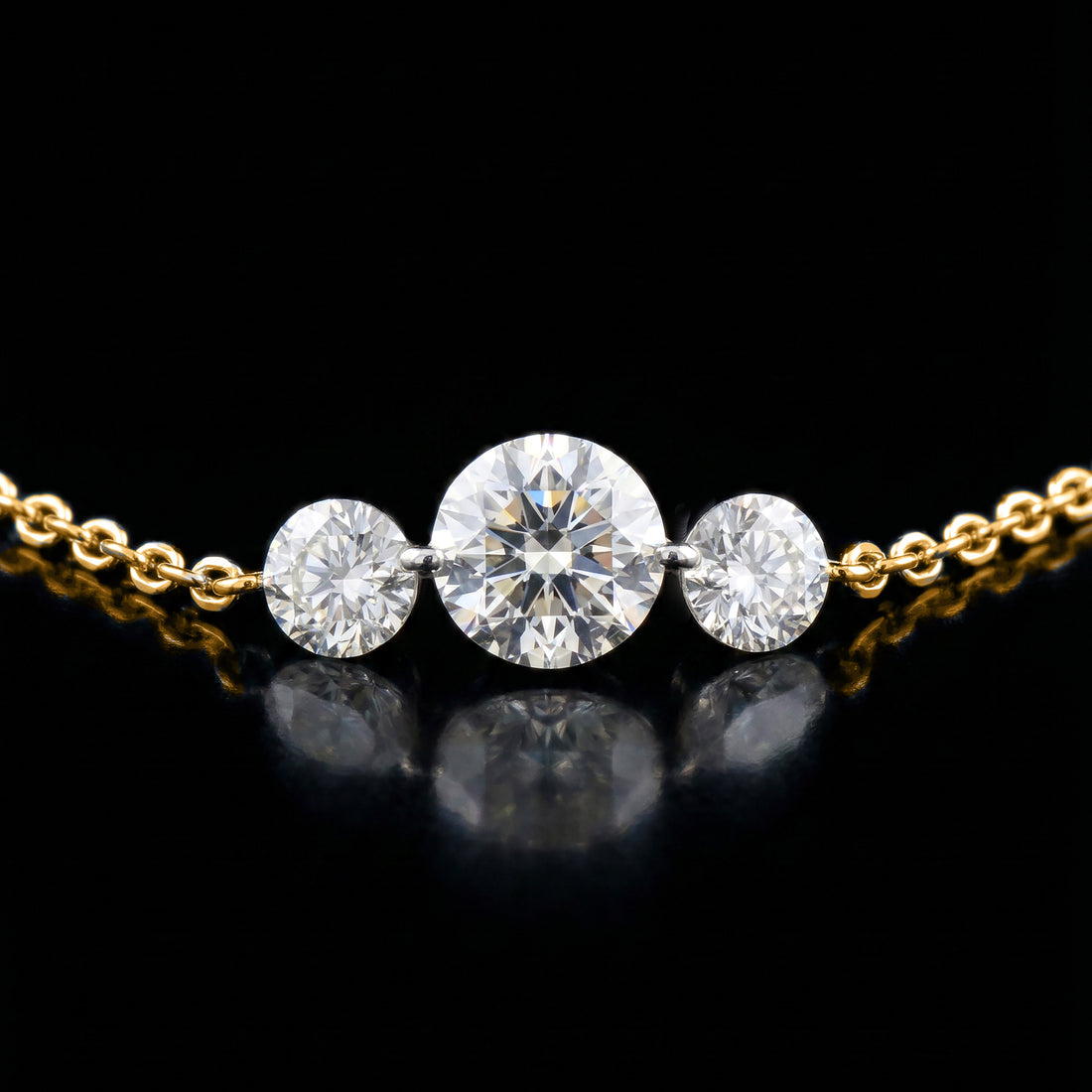 3 Stone Station Laser Drilled Diamond Necklace | Yellow Gold