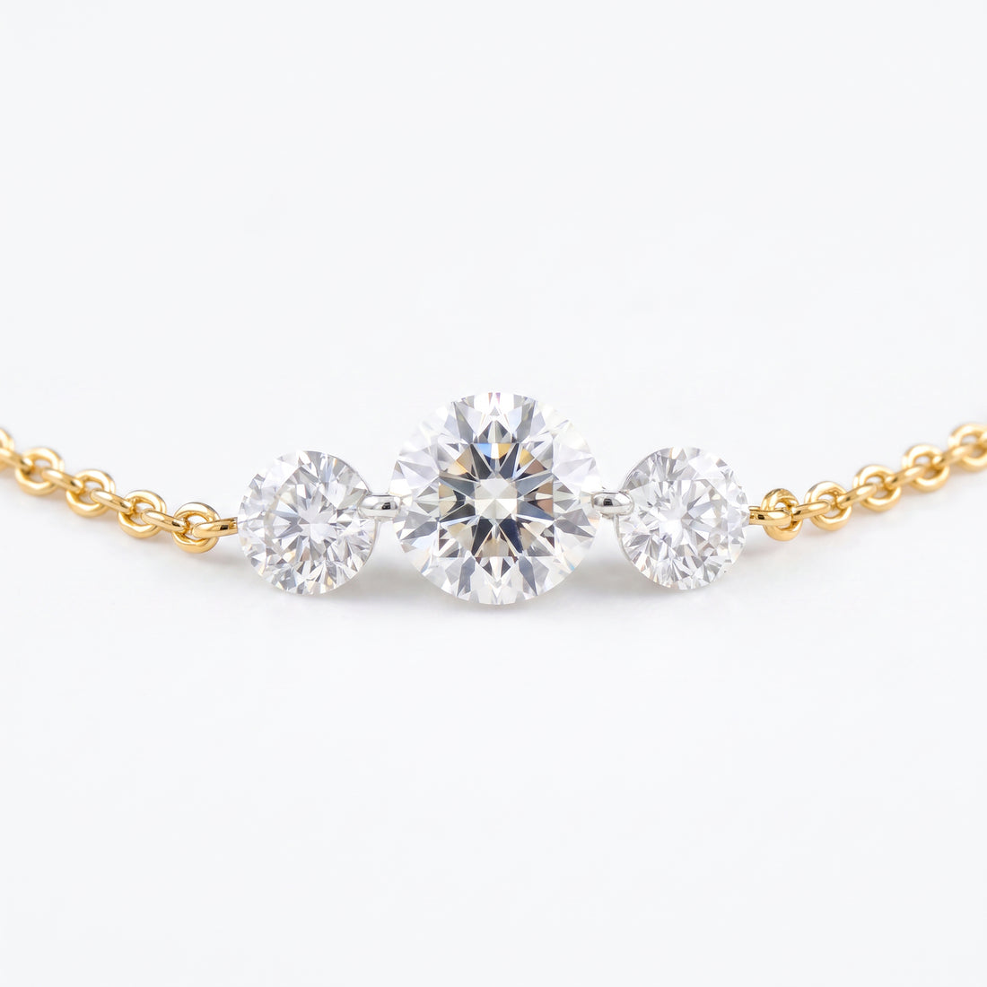 3 Stone Station Laser Drilled Diamond Necklace | Yellow Gold