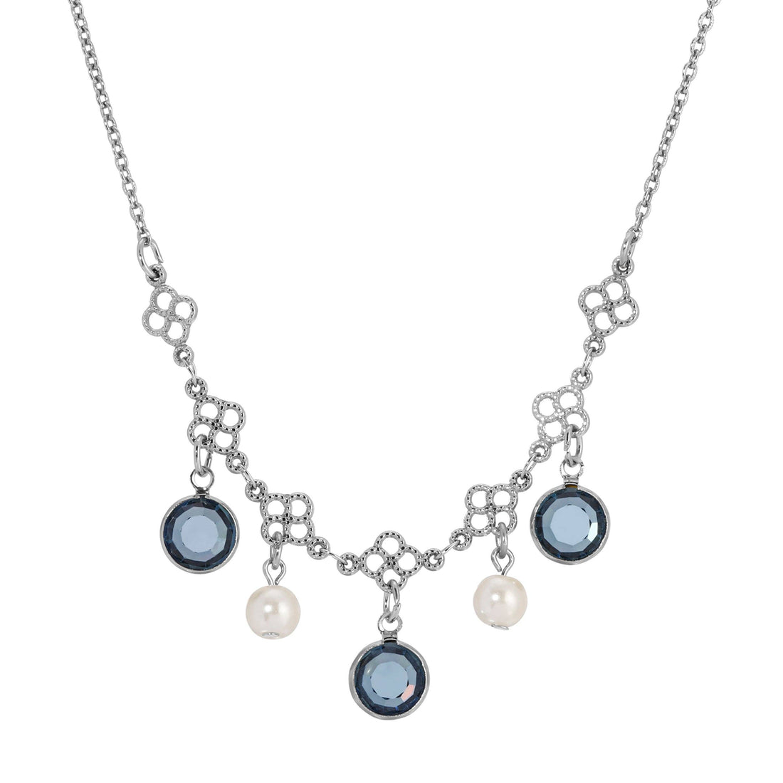 1928 Jewelry Crystal Channel Faux Pearl Drops Necklace 16": Gold Tone And Blue