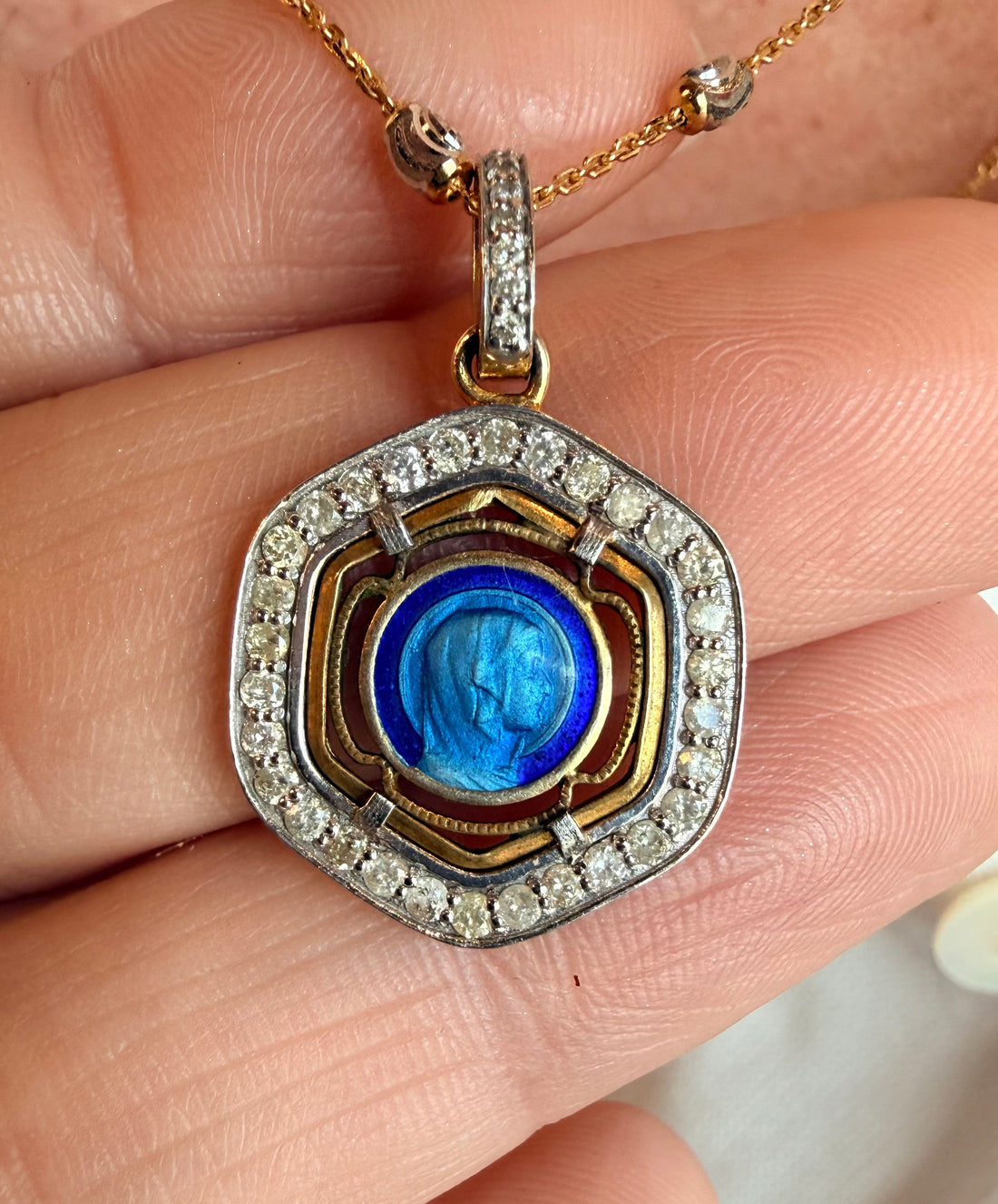 Mother Mary Medallion Late 1800s set with 14k VS Diamonds