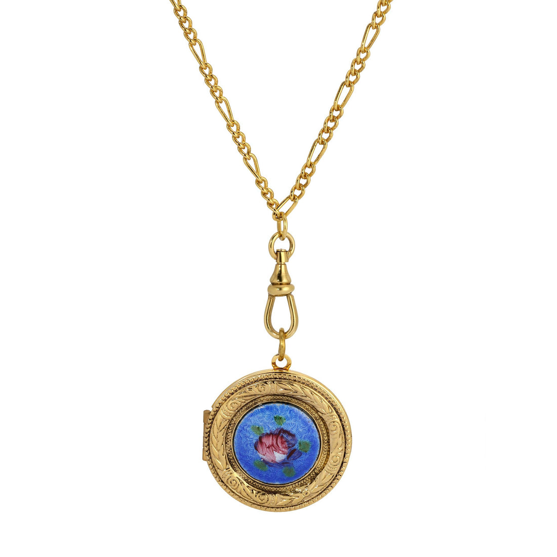 1928 Jewelry Artisan Pink Rosebud Swivel Photo Locket Necklace 28": Gold Tone And Blue