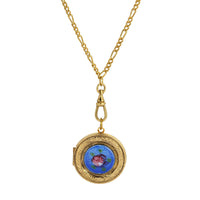 1928 Jewelry Artisan Pink Rosebud Swivel Photo Locket Necklace 28": Gold Tone And Blue