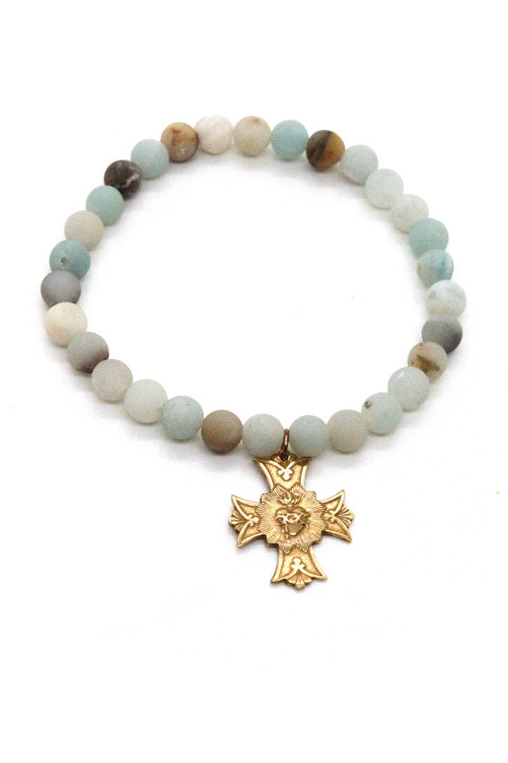 Amazonite Stone Stretch Bracelet with French Gold Religious Cross Heart Charm -French Medals Collection- B6-009