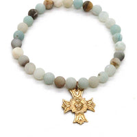 Amazonite Stone Stretch Bracelet with French Gold Religious Cross Heart Charm -French Medals Collection- B6-009
