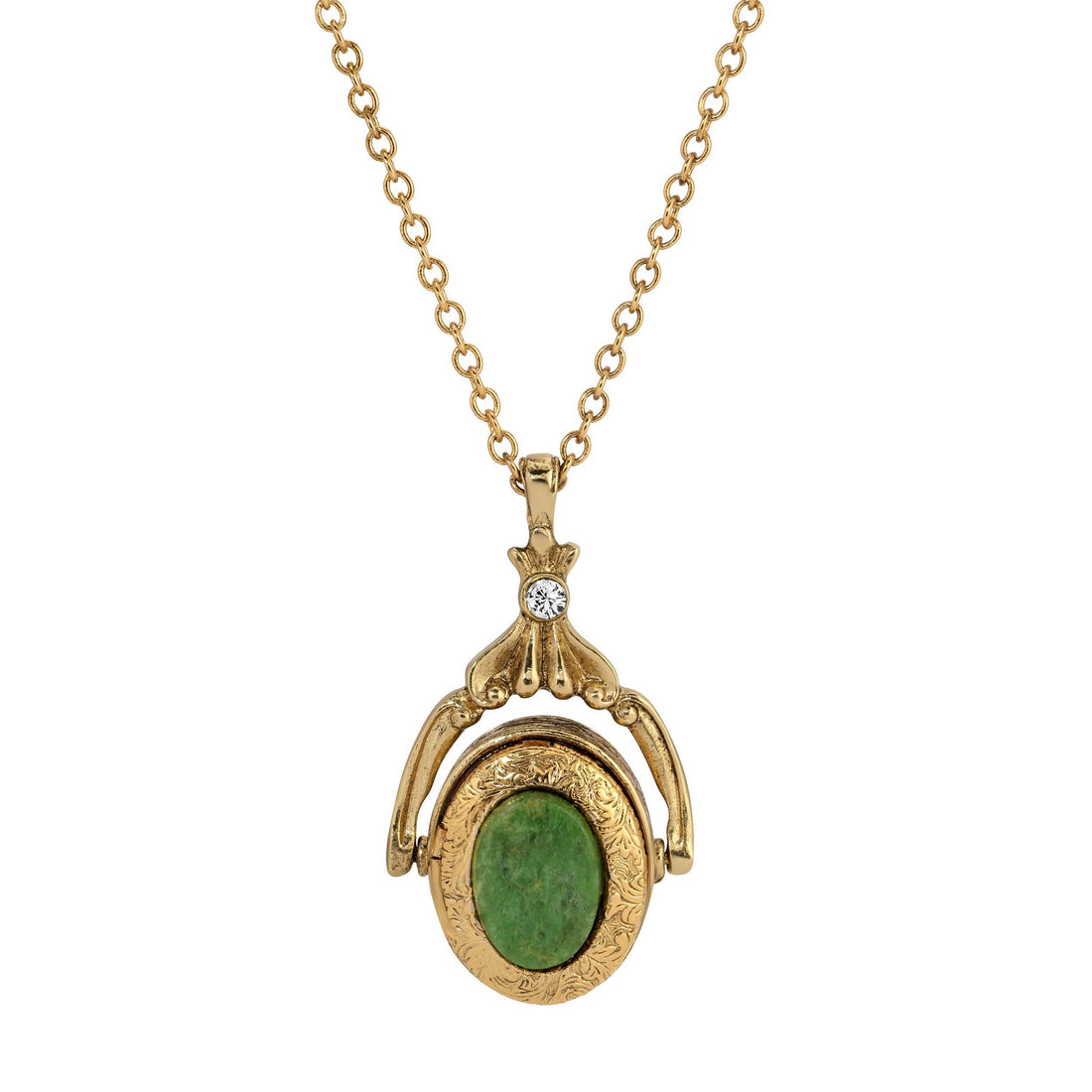 1928 Jewelry Oval Jade Gemstone Locket Necklace 28": Gold Tone And Jade