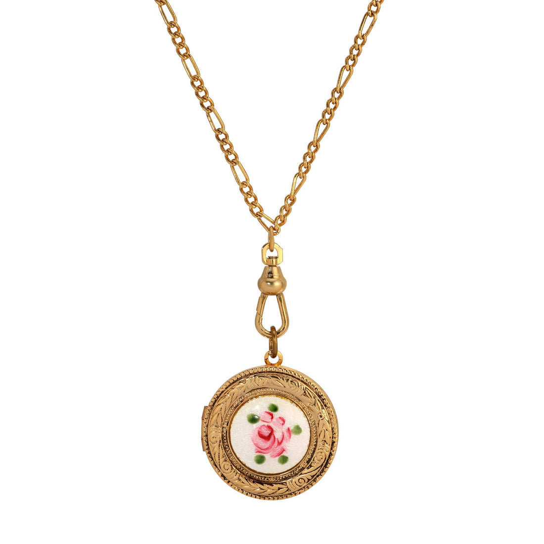 1928 Jewelry Artisan Pink Rosebud Swivel Photo Locket Necklace 28": Gold Tone And Blue