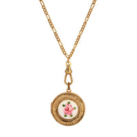 1928 Jewelry Artisan Pink Rosebud Swivel Photo Locket Necklace 28": Gold Tone And Blue