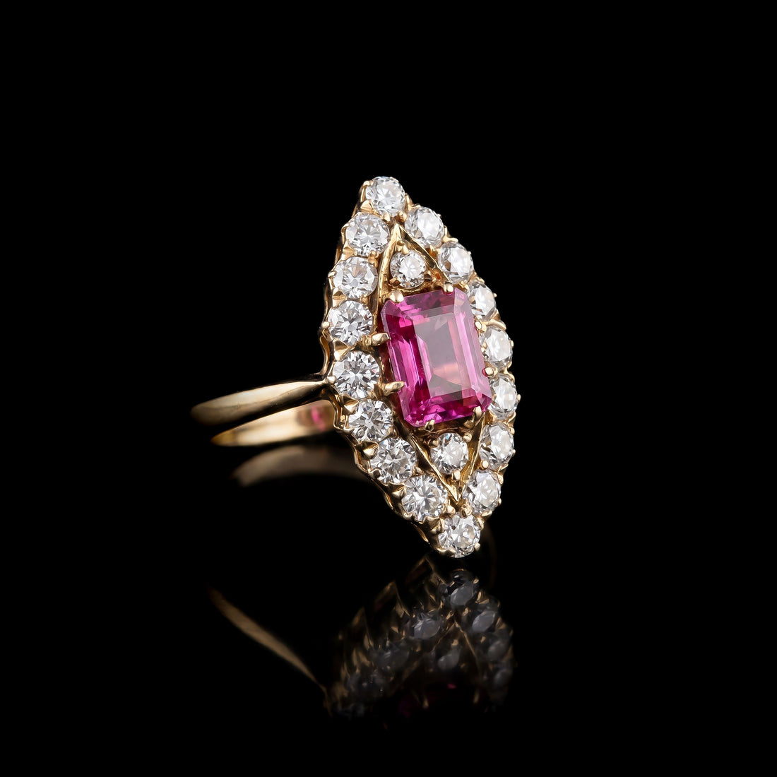 18K YG Art Deco Diamond and Burma Ruby Ring, 2.12CT