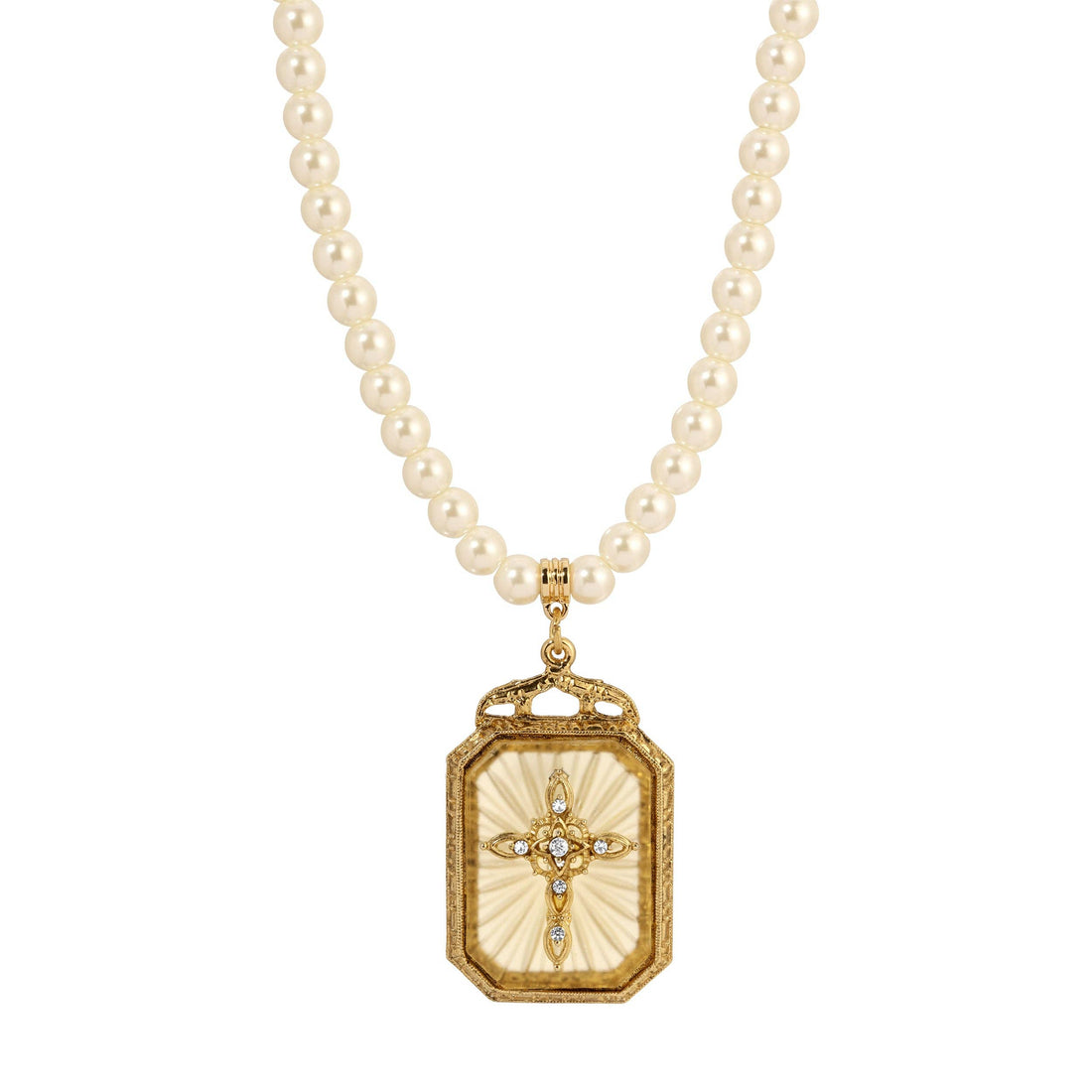 * Gold Tone Frosted Lt Topaz Gold Cross Pearl Chain 15+3 Necklace