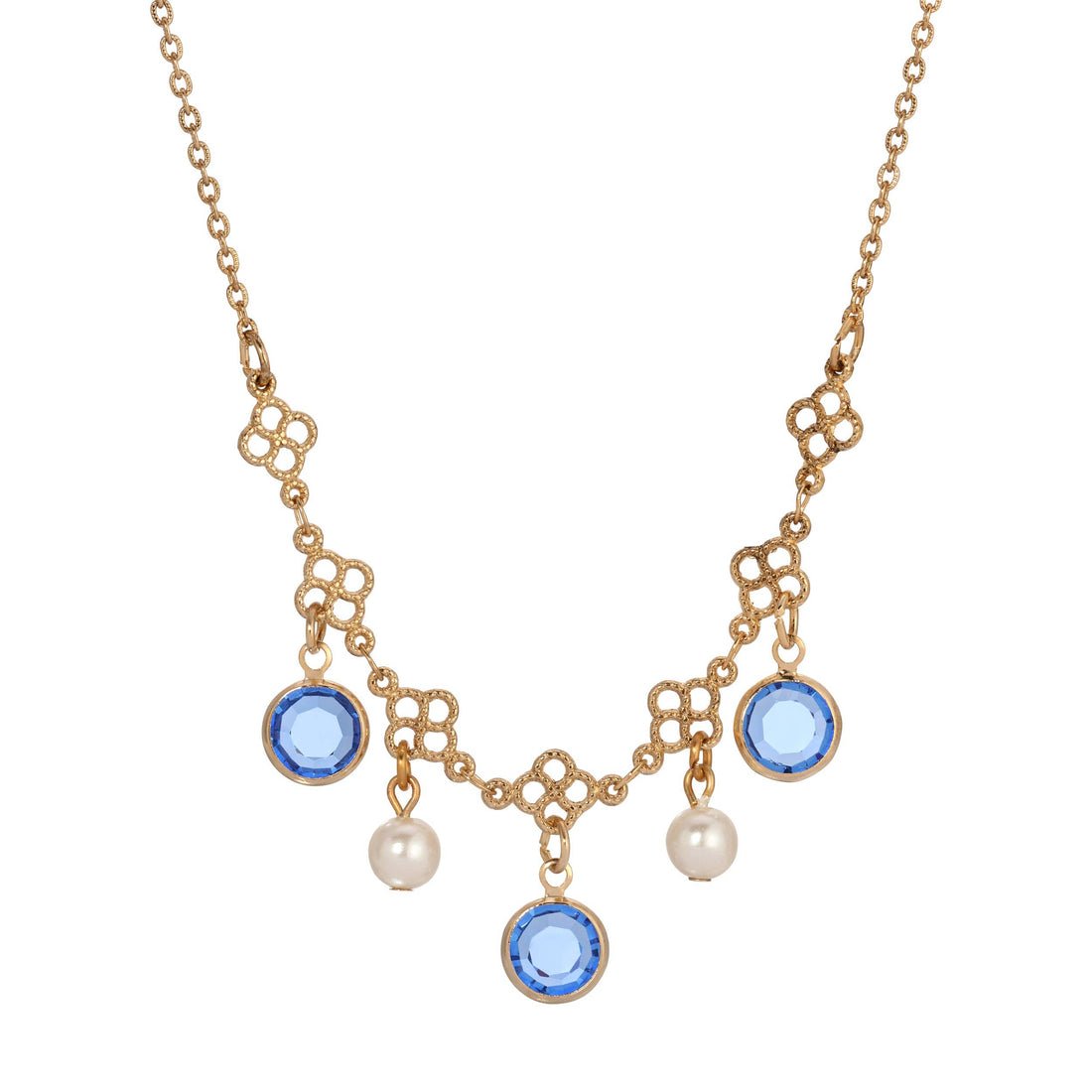 1928 Jewelry Crystal Channel Faux Pearl Drops Necklace 16": Gold Tone And Blue