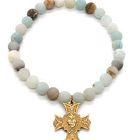 Amazonite Stone Stretch Bracelet with French Gold Religious Cross Heart Charm -French Medals Collection- B6-009
