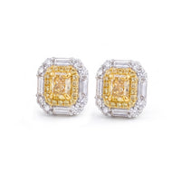 Fancy Yellow Diamond Earrings with Baguette Halo