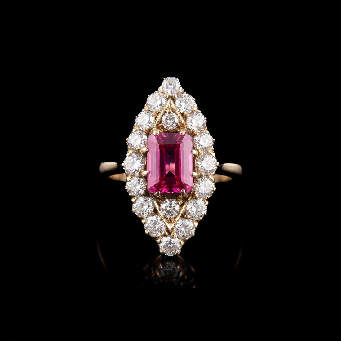 18K YG Art Deco Diamond and Burma Ruby Ring, 2.12CT