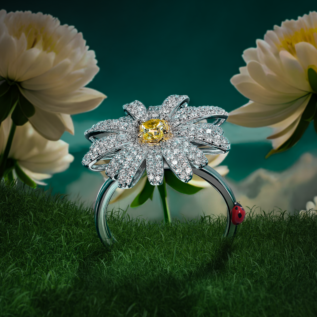 Yellow Diamond Flower Ring