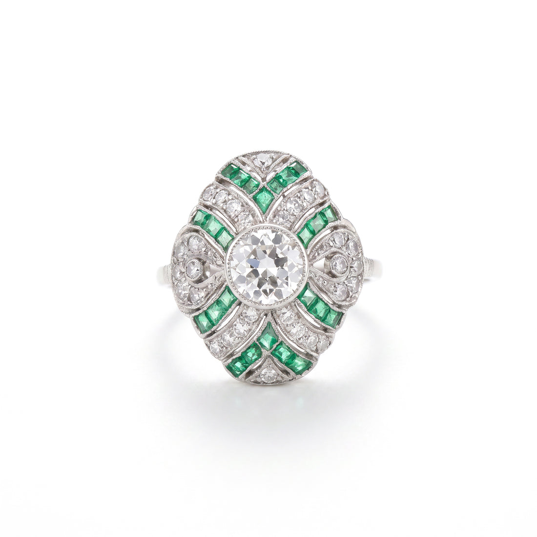 Platinum Handmade Emerald and Diamond Deco Ring