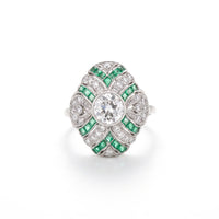 Platinum Handmade Emerald and Diamond Deco Ring