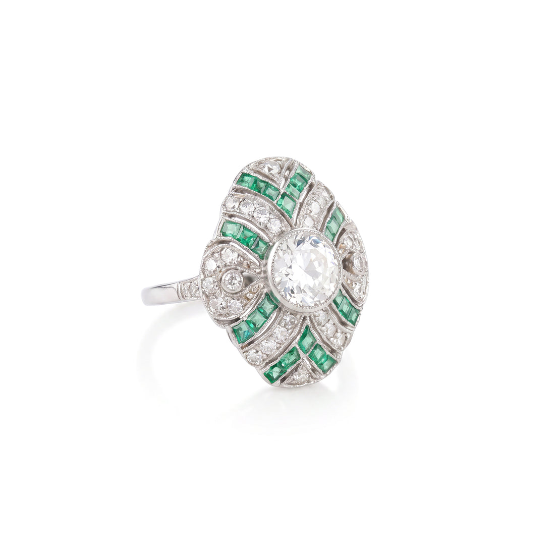 Platinum Handmade Emerald and Diamond Deco Ring