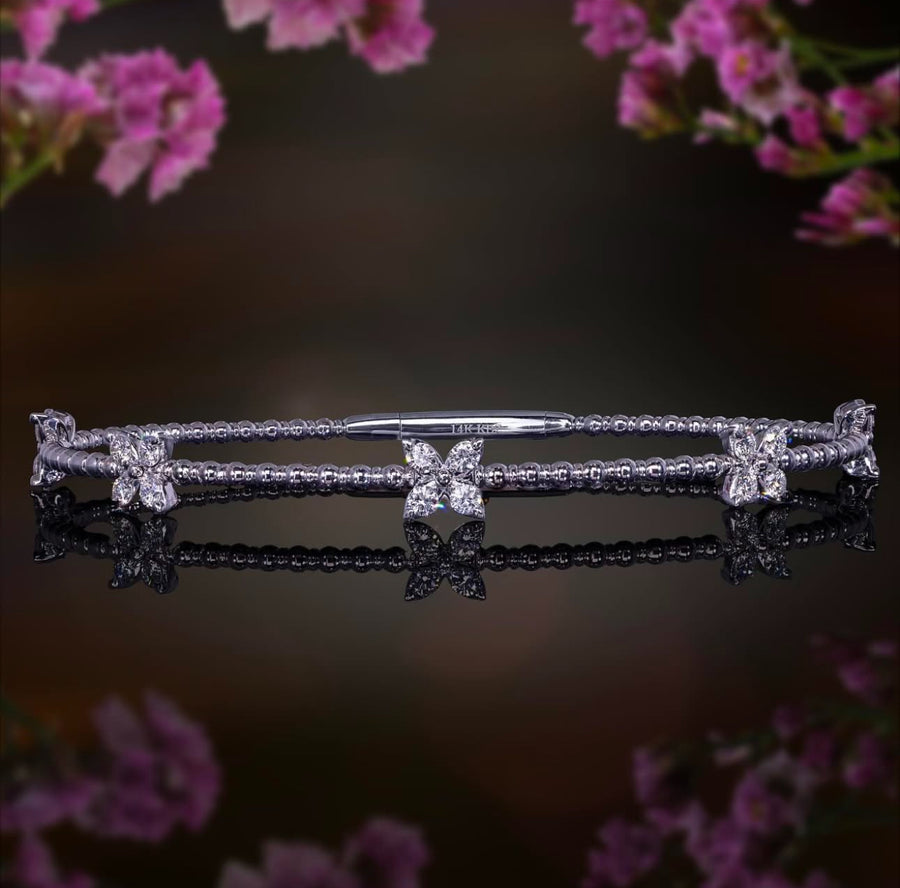 Stunning 14K YG Beaded Flex Bracelet with 3 Diamond Flower Stations, 0.35CT