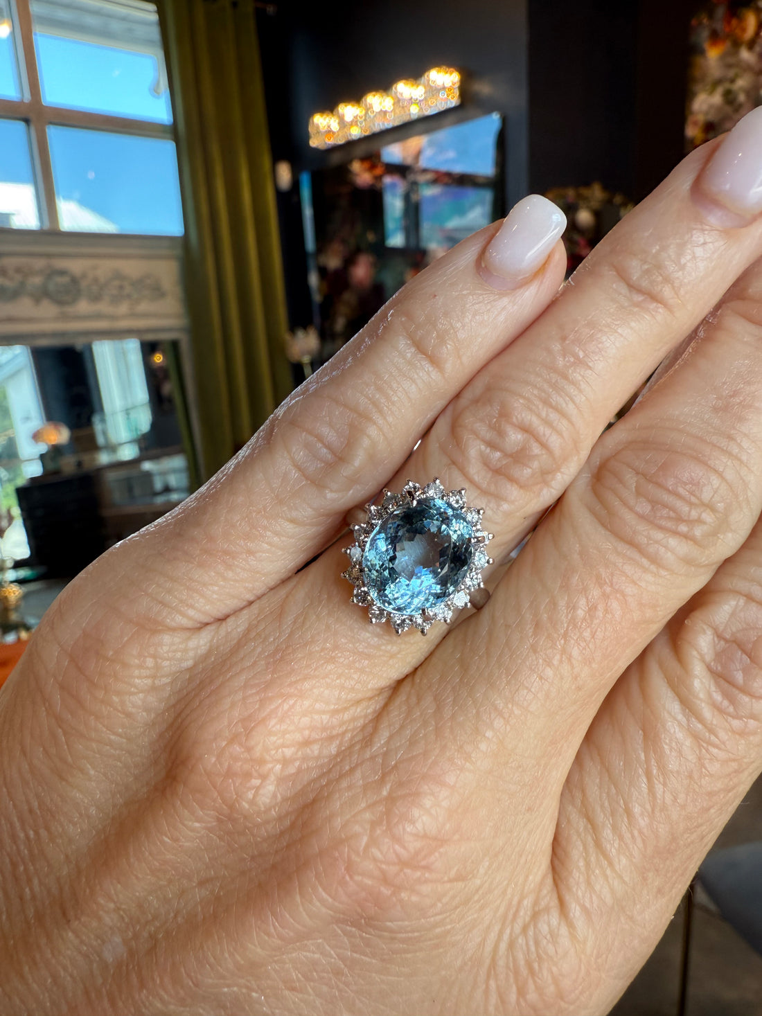 5.95 Carat Aquamarine with .80 ct diamonds, Vintage 1970s Platinum