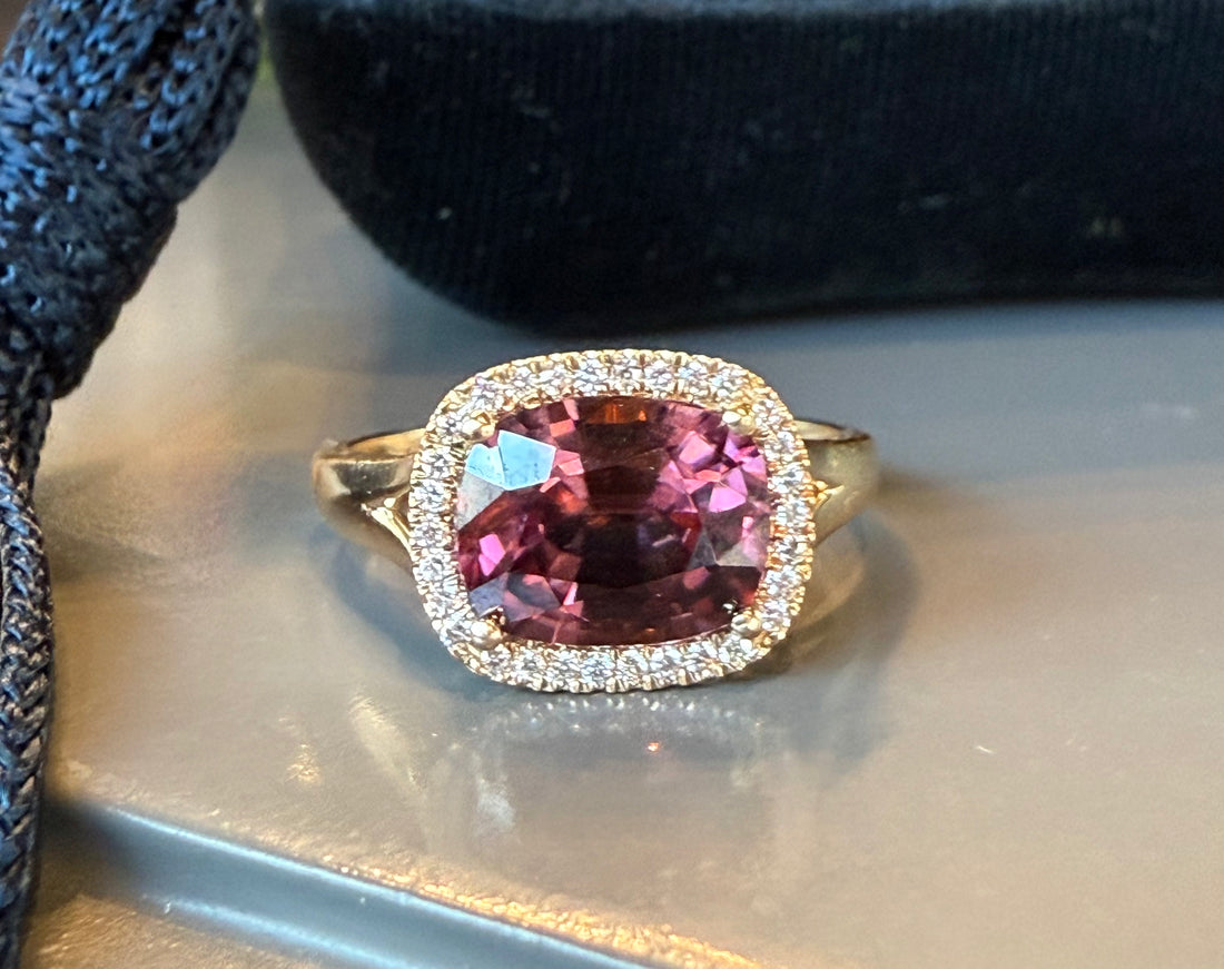 Cushion Red Zircon 2.83 ct, .13ct Diamond 14k YG