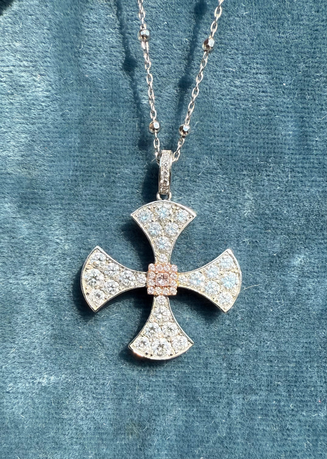 Diamond Cross Pendant with Pink Diamond 1.10 Ct Total Dia Weight 18k