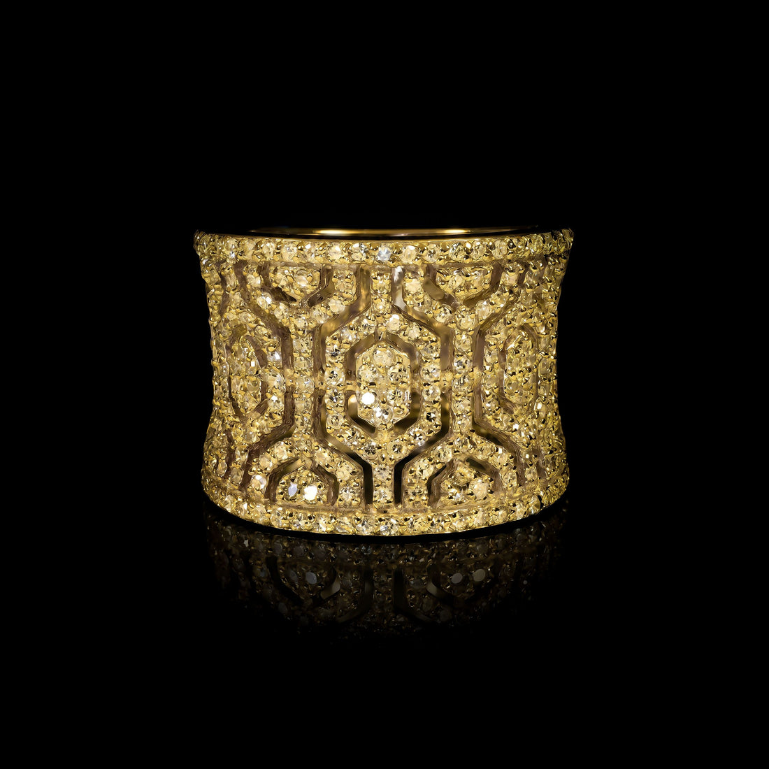 Art Deco Inspired YG Maze Diamond Wide Band, 0.79CT 14k