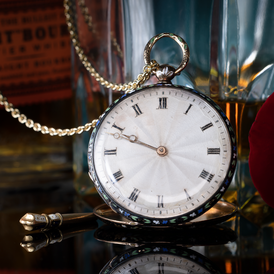 RARE 1800s Enameled Pendant Watch Clock