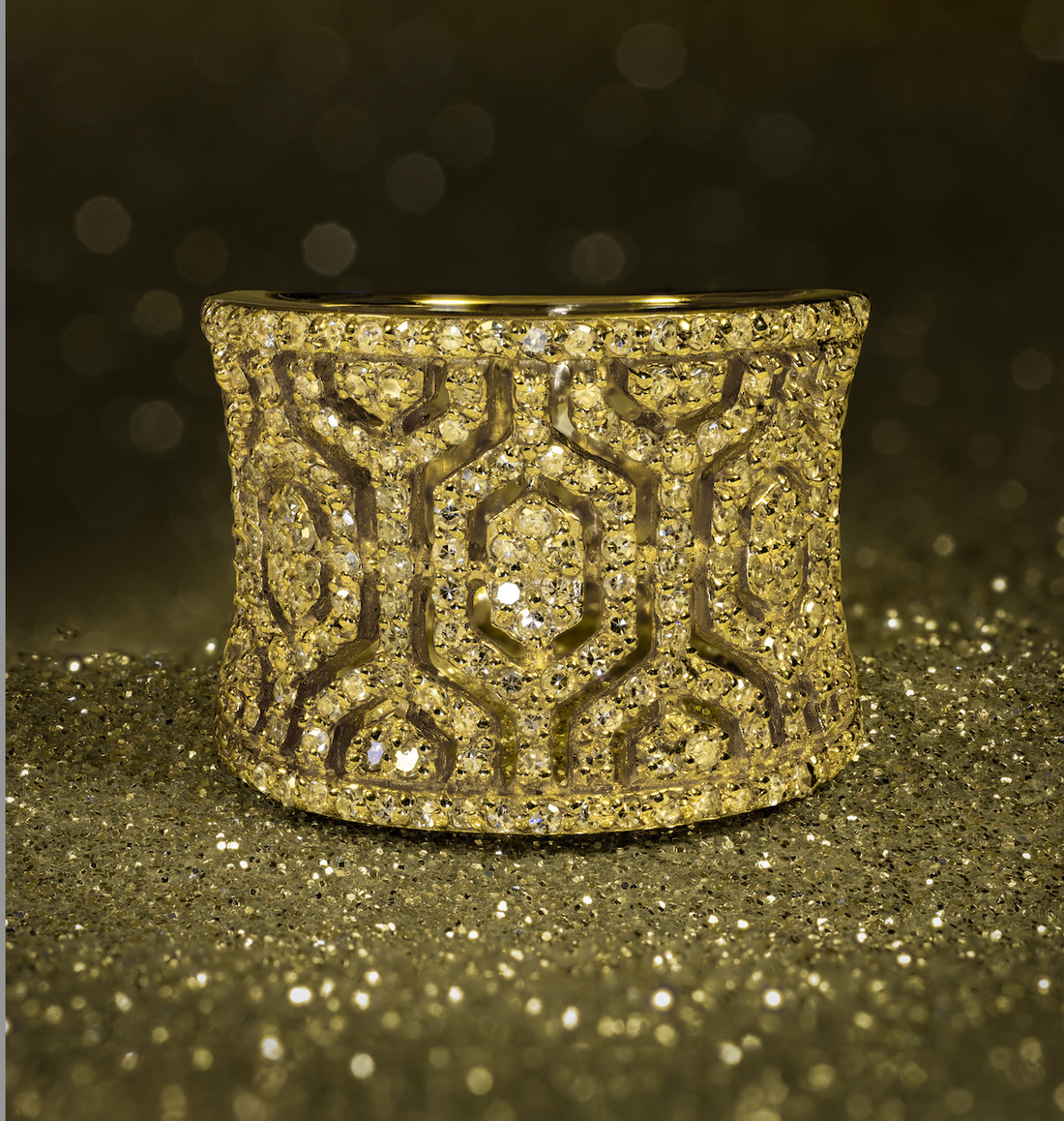 Art Deco Inspired YG Maze Diamond Wide Band, 0.79CT 14k