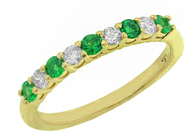 14K YG Alternating Round Emerald and Diamond Ring, 0.18CT